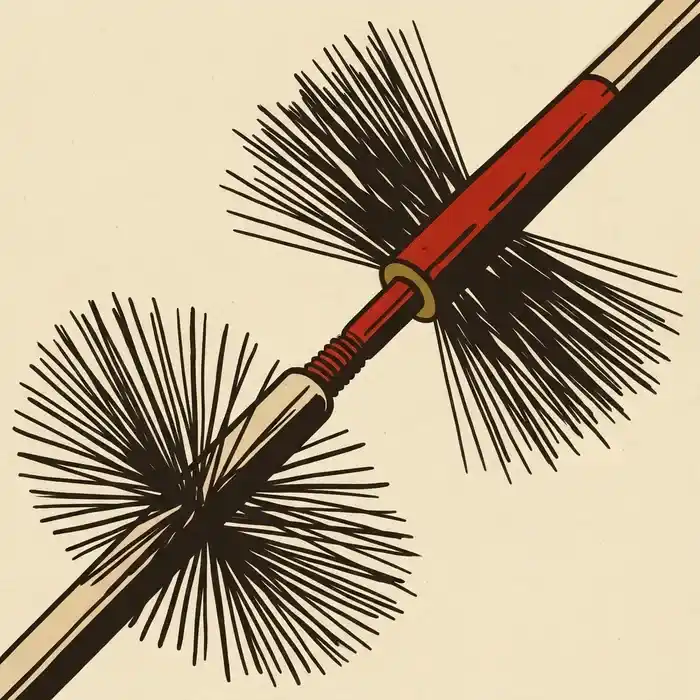 Illustration of a chimney sweep's brush and rods resting at an angle.