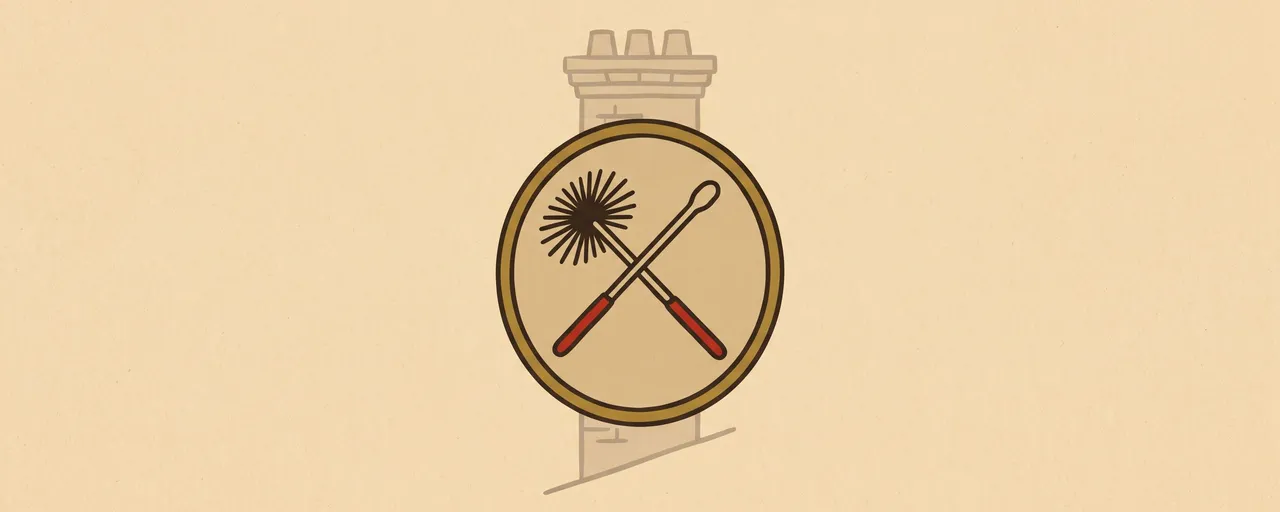 Illustrated badge with crossed chimney brush and rod inside a brass ring, on a warm parchment background.
